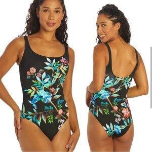 NWT Johnny Was Size XS Lei One Piece Swimsuit Black Floral Scoop Back $198